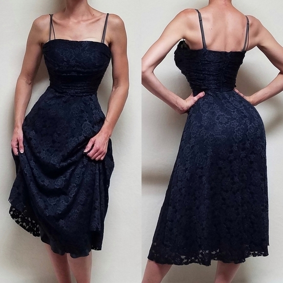 VINTAGE Eliza J Navy Blue Lace A-line Spaghetti Strap Padded Bustier Midi Dress - Picture 1 of 16